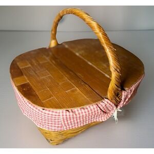 MCM Wicker Picnic Basket w/ Red Gingham Liner - BONUS Heavy Duty Plasticware Set